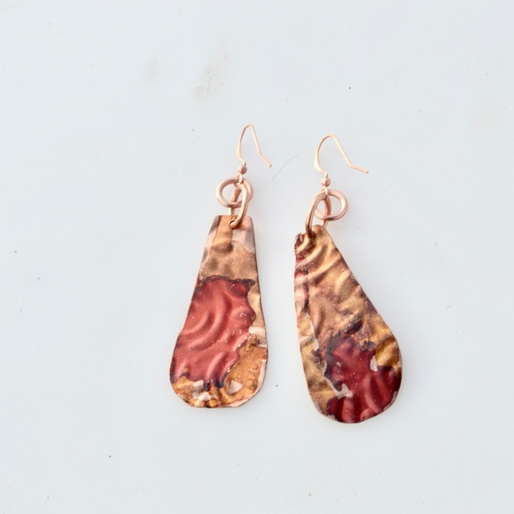 Embossed Solid Copper Red Statement Earrings Drop - Picture 4 of 5